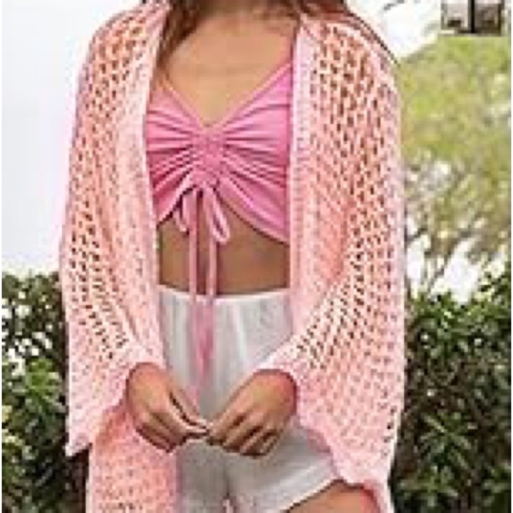 Aolro knit boho cardigan/ beach cover up  with tie, Size Large, Light Pink, NWT